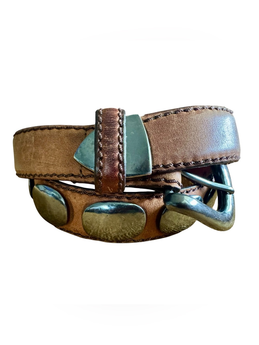 Vtg 80s Billy Brown Leather Concho Belt Silver Coated Pewter Sz 28 Western Boho - Picture 3 of 8
